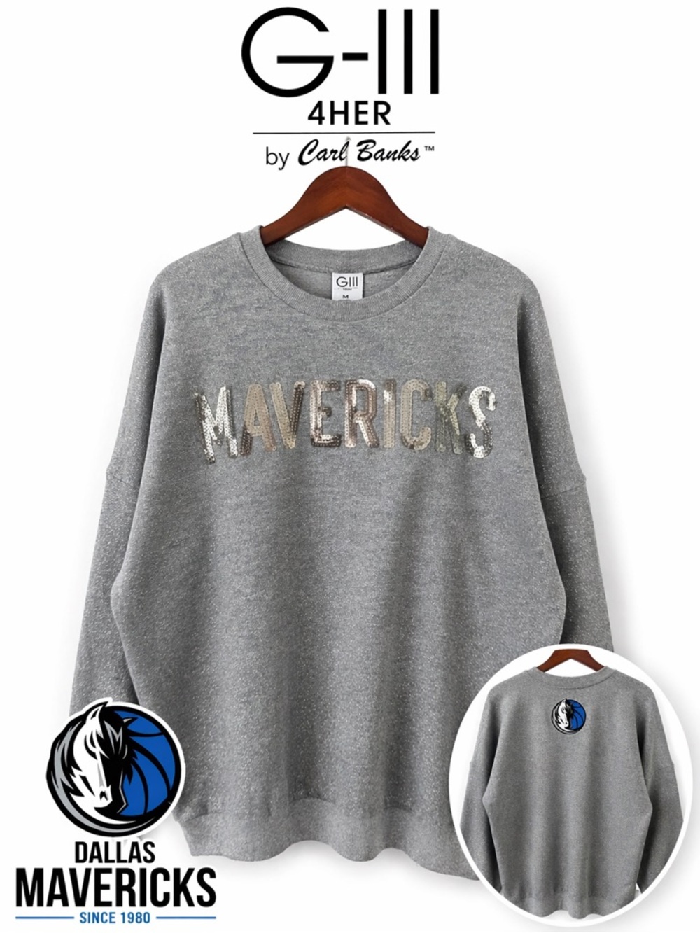G-III by Carl Banks Gray Mavericks Sequin Crewneck Sweatshirt